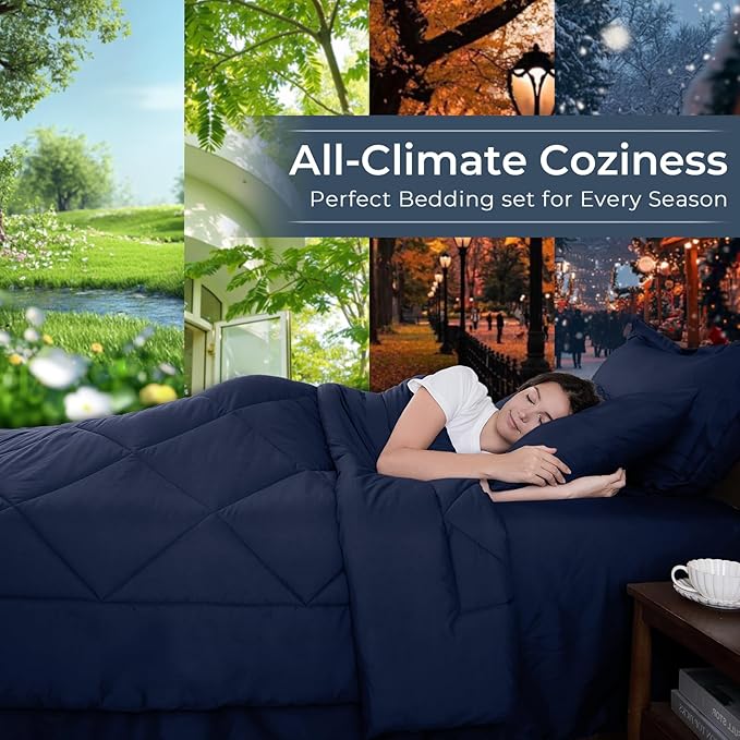 HEVUMYI Navy Blue Full Comforter Set - 7-Piece All Season Bed in a Bag Full, Ultra Soft Bedding Set with Comforter, Flat Sheet, Fitted Sheet, Pillowcases, Pillow Shams, Navy Blue