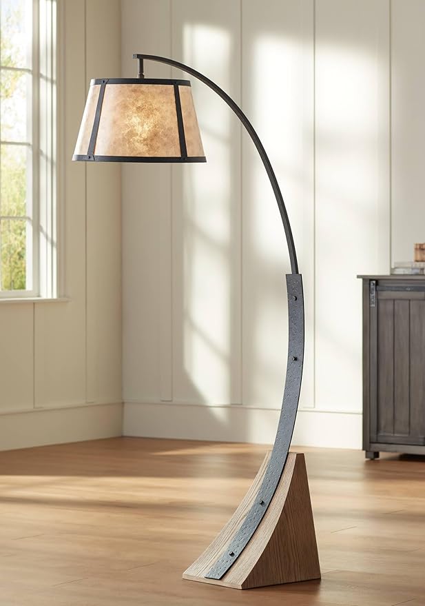 Franklin Iron Works Oak River Rustic Mission 66 1/2" Tall Arc Floor Lamp with Smart Socket Dark Gray Metal Warm Wood Natural Mica Blond Shade for Living Room Reading Family Bedroom Office House