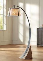 Franklin Iron Works Oak River Rustic Mission 66 1/2" Tall Arc Floor Lamp with Smart Socket Dark Gray Metal Warm Wood Natural Mica Blond Shade for Living Room Reading Family Bedroom Office House
