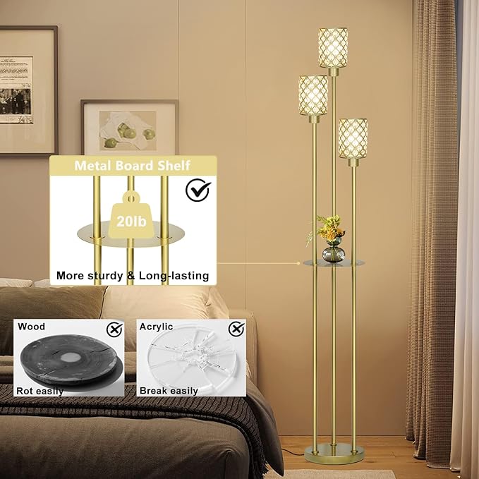 Gold Floor Lamps for Living Room, Standing Floor Lamp with Shelves, Tall Lamp with Table, Modern Mid Century Floor Lamp with E26 Base, Coner Crystal Floor Light for Bedroom (Without Bulb)