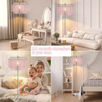 Luvkczc Pink Crystal Floor Lamp, 64" Tall Standing Lamps with Double-Layer Lampshade, Floor Lamps with On/Off Foot Switch, Elegant Floor Lamp for Living Room, Girl Bedroom, Dresser, Office