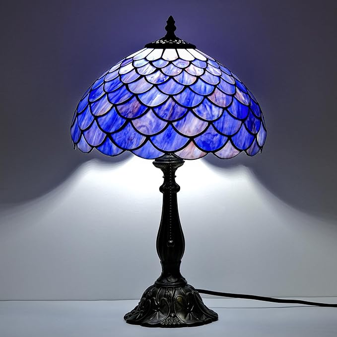 Tiffany Style Table Lamp Vintage Stained Glass Desk Lamp Deep Blue Purple Fish Scales Bedside Reading Light Decor Bedroom Living Room Home Office D12 xH18
