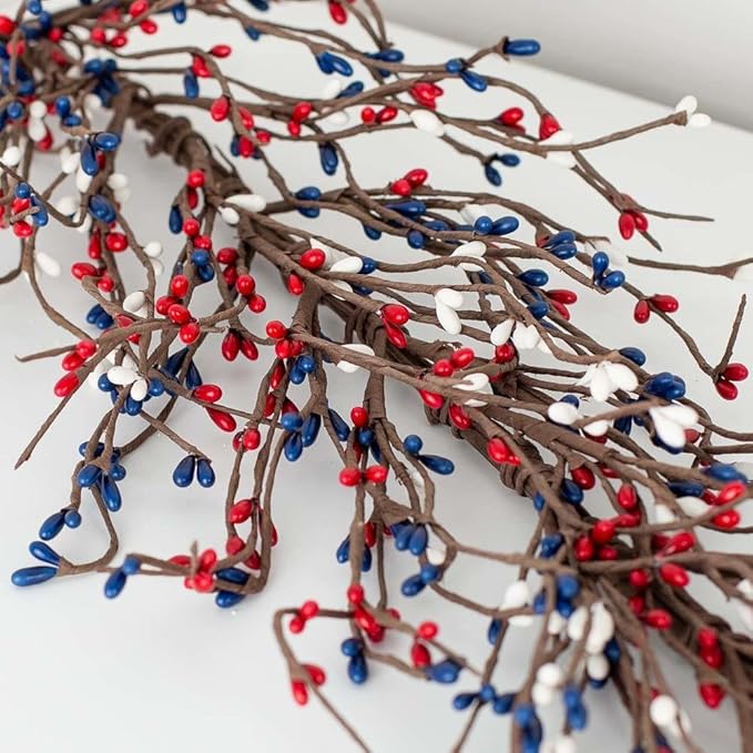 NeoL'artes 60in Patriotic Pip Berry Garland, Red White Blue, 4th of July Holiday Decor, Primitive Craft Wreath Garland for Memorial Day