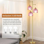 Gold Floor Lamp for Living Room Bedroom,3 Lights Vintage Tree Floor Lamps with Pink Glass Flower Shade,Mid Century Modern Floor Lamp for Corner Office,68IN Unique Tall Standing Lamp with Bulb
