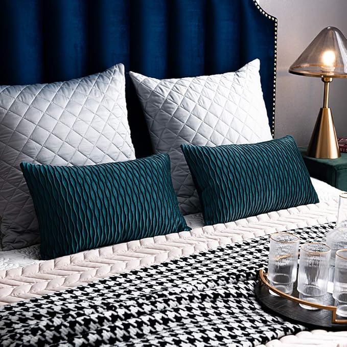 12x20 Teal Throw Pillow Cases: 2 Pack Original Striped Velvet Rectangular Decorative Pillow Covers for Farmhouse Couch
