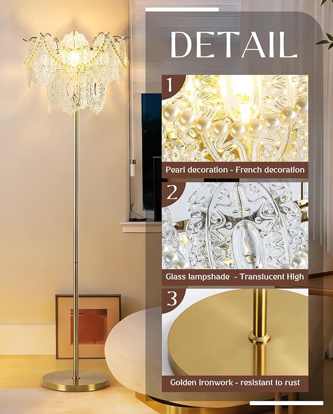 Gold Glass Floor Lamp, 63" Modern Vintage Standing Lamp with Imitation Pearl Decoration, Double-Layer Figured Glass shade, Elegant Brass Standing Floor Lamps for Living Room, Bedroom, Bulb Included