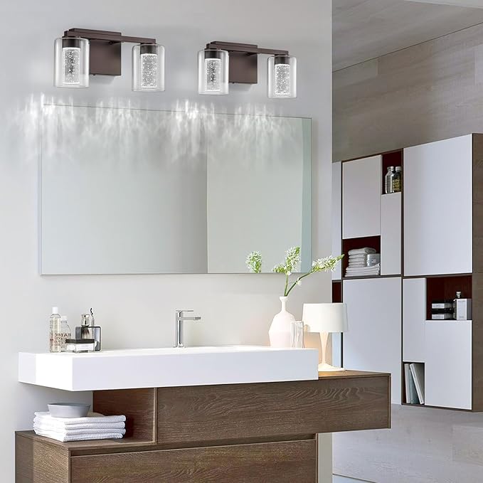 SineRise 2-Light Bronze Vanity Light with 3 Color Modes (3000K/4000K/6000K), Eye Protection LED Bathroom Light Fixture, Dimmable Modern Wall Light Over Mirror with Clear Glass Shade