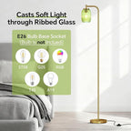 Vintage Glass Floor Lamp for Living Room, Bedroom, Modern Green Ribbed Glass Standing Lamp with Pedal Switch, 67'' Tall, Brushed Gold