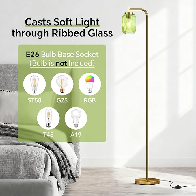 Vintage Glass Floor Lamp for Living Room, Bedroom, Modern Green Ribbed Glass Standing Lamp with Pedal Switch, 67'' Tall, Brushed Gold
