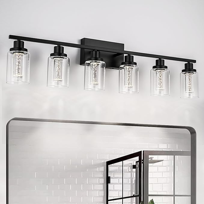 MELUCEE LED Vanity Lights for Bathroom, 6-Light Dimmable LED Bathroom Light Fixtures Black with Crystal Bubble Clear Glass Shade 3000K-6000K LED Wall Light Fixture for Bathroom, Built-in LED Chips