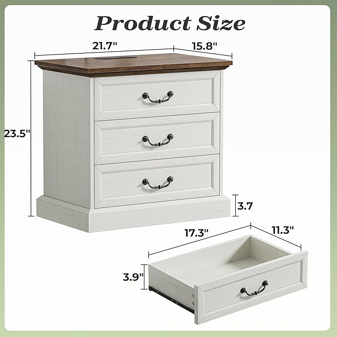 Huuger Nightstand with Charging Station, 3 Drawer Night Stand, 22 Inch Wider Side Table with Storage, Farmhouse Nightstand with Vintage Handles, Thicken Base, for Bedroom, Distressed White