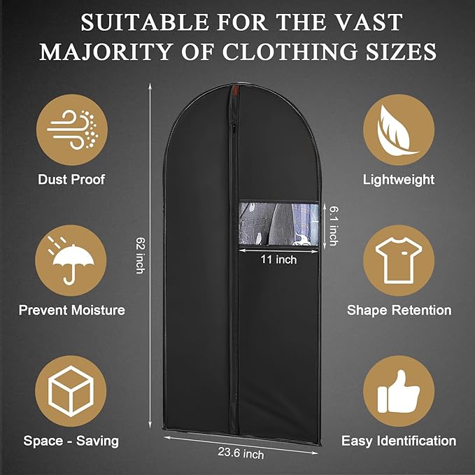 62-Inch Garment Bags Covers,Hanging Clothes Bag, Suit Cover Bags with Clear Window for Hanging Closet Clothes Storage and Travel (Black)