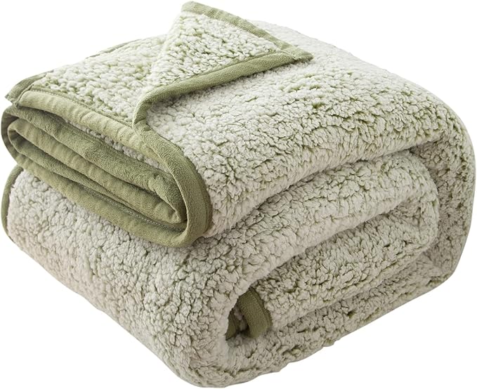 EMME Soft Sherpa Fleece Blanket Reversible Plush Fluffy Large Blanket, Light Weight Warm Decorative Boho Blanket Cover for Sofa, Couch, Bedroom,Travel(Plush Sage,108"x90")