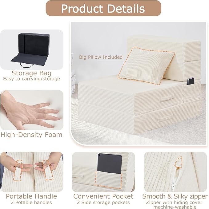 Folding Sofa Bed, 4 in 1 Convertible Sleeper Chair with Pillow, Single Memory Foam Fold Out Chair Bed, Modern Floor Futon Sofa Couch Mattress for Living Room/Guest/Apartment,Beige