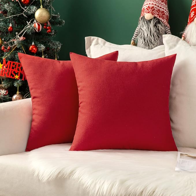 MIULEE Pack of 2 Decorative Outdoor Solid Waterproof Throw Pillow Covers Christmas Faux Linen Garden Farmhouse Cushion Cases for Summer Patio Tent Balcony Couch Sofa 16x16 Inch Red