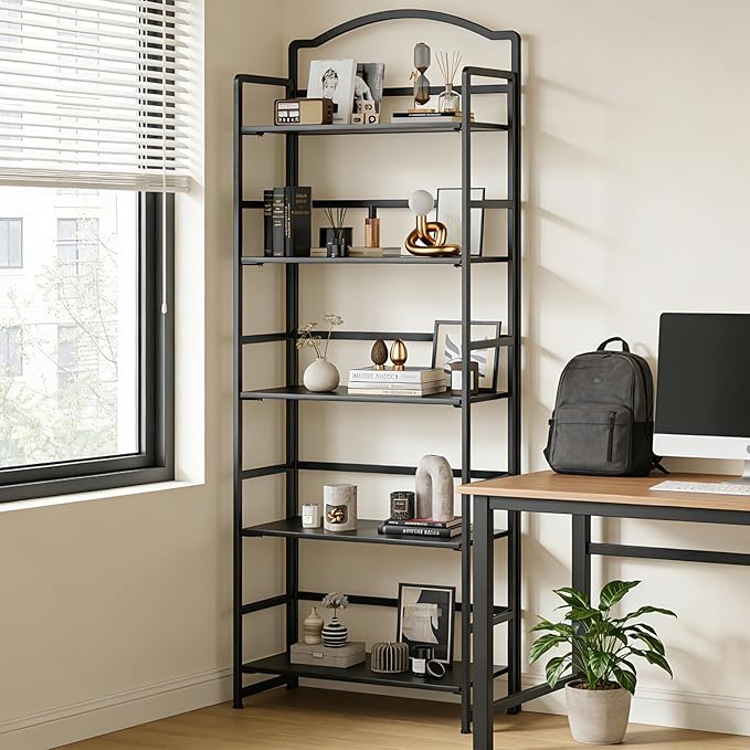 JSB No Assembly Folding Bookshelf, 5 Tier Book Shelf for Storage, Vintage Wood Foldable Bookcase for Living Room, Bedroom, Office Organization Shelves