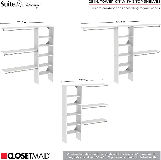 ClosetMaid SuiteSymphony Wood Closet Organizer Kit with Tower, 3 Hang Rods, Top Shelves, 4 Drawers, Modern Adjustable, Fits Spaces 6-10 ft. Wide, Natural Grey