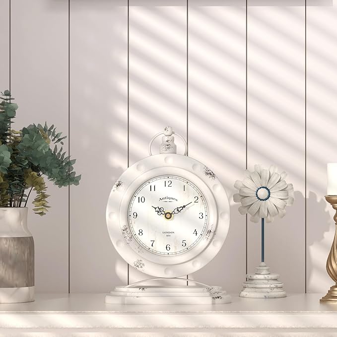 Vintage Table Clock, Desk and Shelf Mantel Clock, Antiques London Style White Decor Clocks, for Farmhouse, Living Room, Bedroom, Bedside, Gift (8.8" H x 6.3" W)