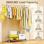 Clothes Rack for Hanging Clothes, 100% Stainless Steel Clothes Garment, Portable Sturdy Clothes Rack, Extendable Rolling Garment Rack with Wheels, Freestanding Laundry Room Bedroom Dress Shirt Jacket