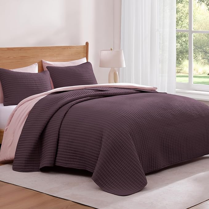 WRENSONGE Queen Quilt-3 Pieces Lightweight Bedspreads Italian Plum Queen Size Quilt Bedding Set for All Seasons, Soft Summer Coverlet with 2 Pillow Shams Suitable for Bed, Couch