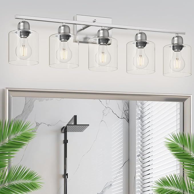 Modern Brushed Nickel 5 Light Bathroom Vanity Light, 31 inch Bathroom Lights Fixtures, Vanity Lights for Mirror Kitchen Living Room Hallway Cabinet Porch