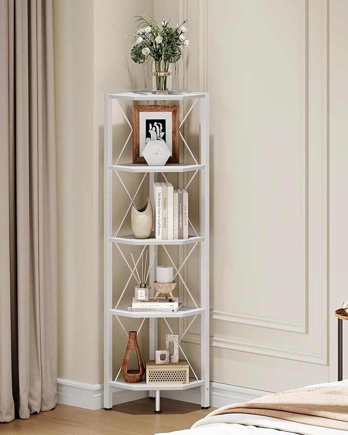 5-Tier Corner Shelf, Corner Bookcase, 55.2" Tall Vertical Display Rack, Plant Stand, Open Storage Shelf, for Living Room, Bedroom, Study, Kitchen, White TCJ12WB
