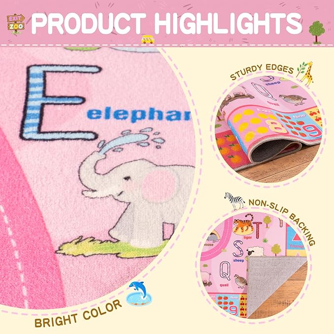 Kids Rugs Playmat for Bedroom Kids Room, Educational ABC Rug for Classroom, Non-Slip Washable Playroom Carpet for Boys Girls, Zoo Road Play Mat, 4x6 Pink