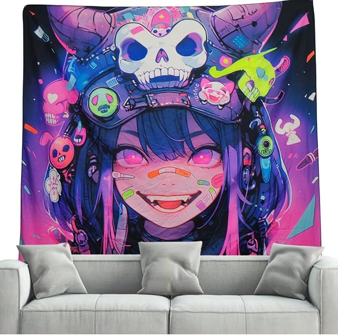 HOUHUANG Hanging paintings, blacklight tapestry, murals, and decorative paintings, fluorescent anime, cartoons, polyester material (59 "x 59") for families, bars, and outdoor parties (Halloween Girl)