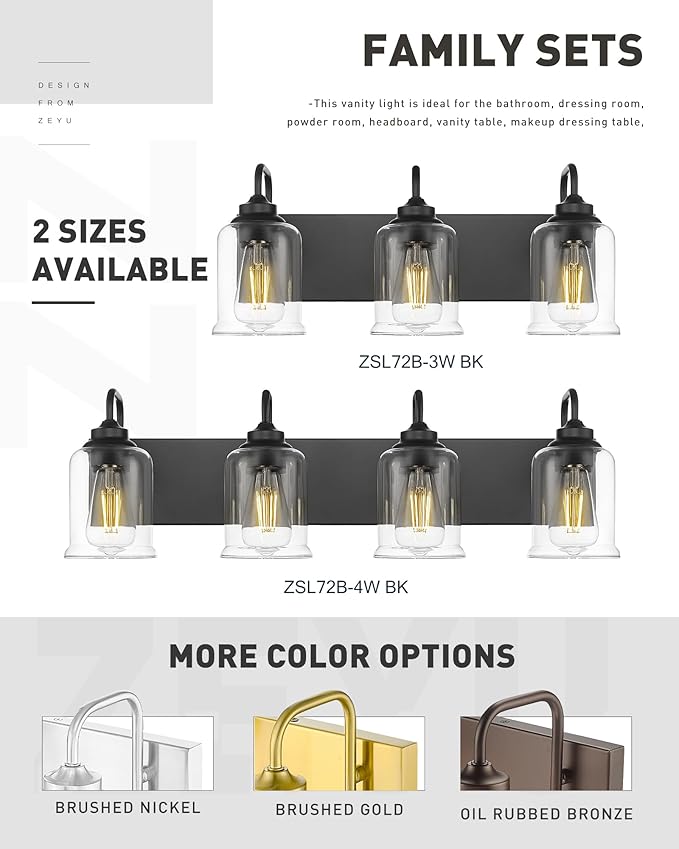 zeyu Modern Bathroom Light Fixtures, 4 Light Vanity Lighting, 28.5" Bathroom Mirror Wall Light, Matte Black Finish with Clear Glass Shade, ZSL72B-4W BK