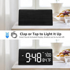 OhM-ega Wooden Digital Alarm Clock, Electric Clocks with Dual USB Port, Large Numbers, Temperature Display, Brightness Dimmer, Sound-Activated Display, Snooze, 12/24H, Black