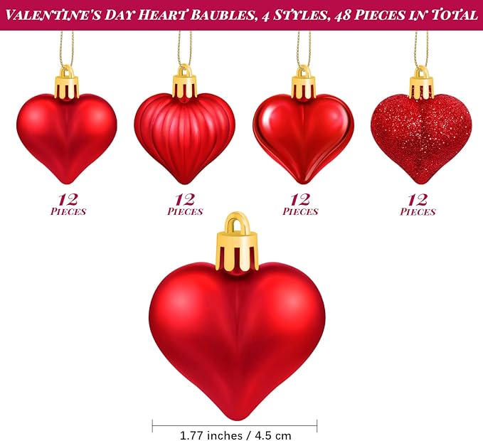 Elcoho 48 Pieces Valentine's Day Heart Shaped Baubles Hanging Heart Ornaments Valentines Tree Decorations for Valentines Day Ornaments Party Wedding Anniversary Decor, Red