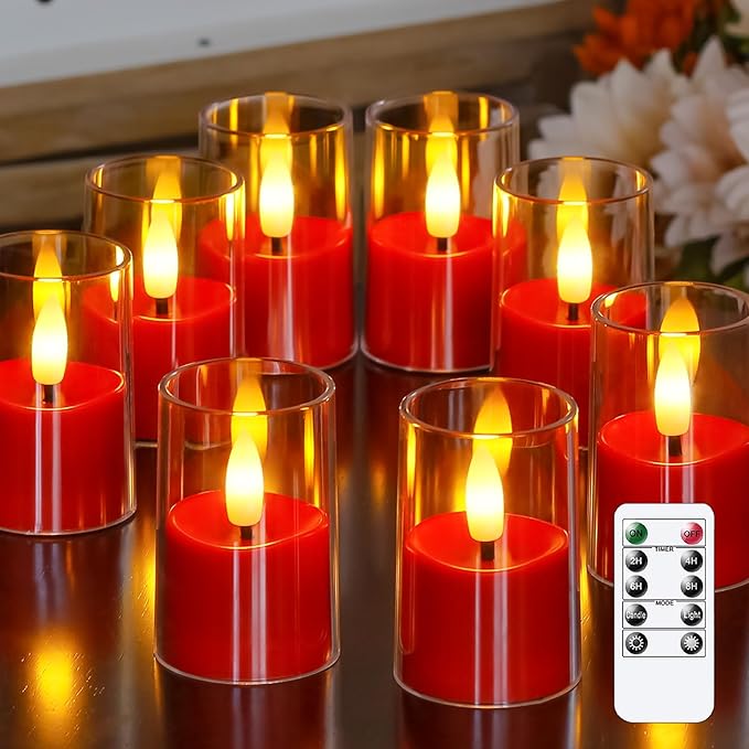 8pcs Battery Operated 1.7" x2.5" Clear Acrylic Remote LED Tea Lights, Flameless 2/4/6/8h Timer Fake Red Bulk Votive Candles with Batteries, Flickering Warm Light Pure Plastic Tealights
