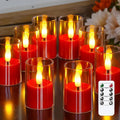 8pcs Battery Operated 1.7" x2.5" Clear Acrylic Remote LED Tea Lights, Flameless 2/4/6/8h Timer Fake Red Bulk Votive Candles with Batteries, Flickering Warm Light Pure Plastic Tealights