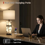 Scenekoy 27" Alabaster Table Lamps Set of 2 with Night Light for Living Room Bedroom, Nightstand Lamps with Linen Shade, Modern Bedroom Lamps with USB A+C Ports for Living Room Office (Bulb Included)