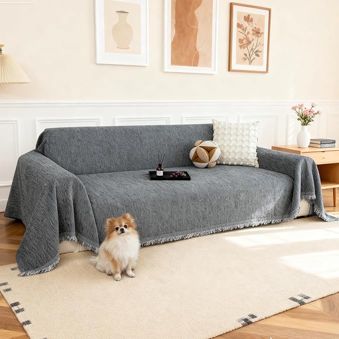 Couch Cover for Dogs, Non Slip Sofa Cover, Washable Couch Covers, 2 Cushion Sofa for Dogs Furniture Protector with Tassels Chenille Sofa Covers for Pets (Vertical Pattern Dark Gray)