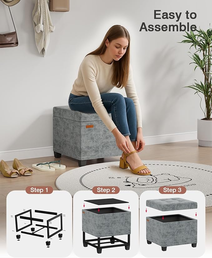 17.7 inches Chenille turfed Ottomans Cube with Legs, Metal-Framed Square Storage Ottoman Foot Rest Stool Holds 770 LB for Dorm Living Room Bedroom Gray UASN641G
