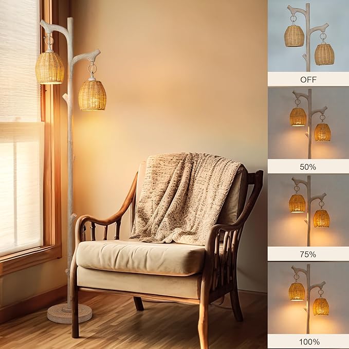 Scenekoy 68" High Farmhouse Rustic Country Cottage Floor Lamp Tree Trunk Faux Wood Column White Washed Wicker Drum Shade Decor for Living Room Bedroom Reading Room
