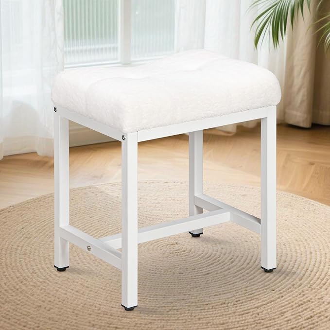 Vanity Stool, Saddle Seat Makeup Stool Chair with Metal Leg, U-Shaped Teddy Velvet Ottoman Foot Rest Stool, Small Square Chairs Under Desk for Vanity, Modern Makeup Bench White