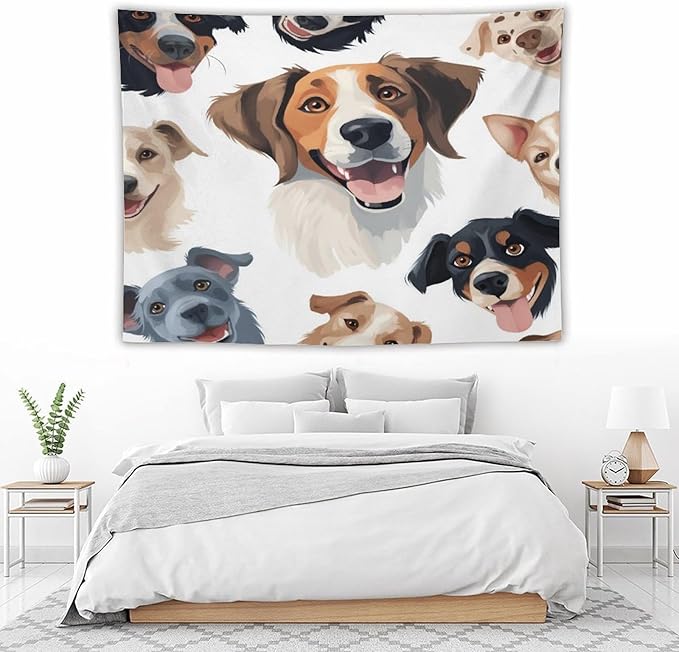 VUMIVI Cartoon Dog Tapestry Black & White Pet Dog Heads Cute Illustration Modern Creative Design Tapestry Wall Hanging for Living Room Bedroom Dorm Classroom Aesthetic Decor W80xL60in