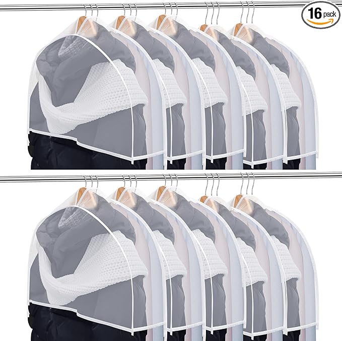 Patelai 16 Pcs 4" Gusseted Plastic Shoulder Covers for Hanging Clothes Coat Covers for Closet Clear Garment Breathable Bag for Jacket Clothing Coat Dress (Semi-transparent)