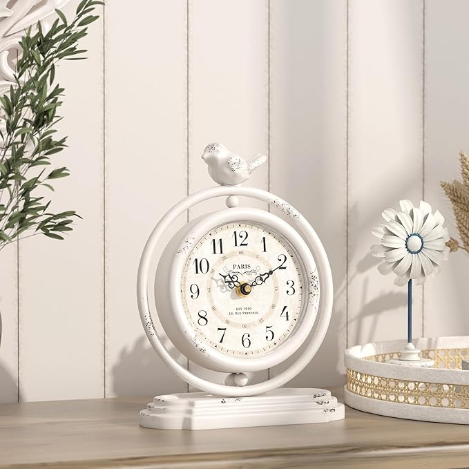 White Vintage Table Clock with Bird, European Retro Style Mantel Clocks, Desk and Shelf Decor Clock, for Living Room, Farmhouse, Bedside, Bedroom, Gift (7.9" H x 6.3" W)