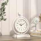 White Vintage Table Clock with Bird, European Retro Style Mantel Clocks, Desk and Shelf Decor Clock, for Living Room, Farmhouse, Bedside, Bedroom, Gift (7.9" H x 6.3" W)