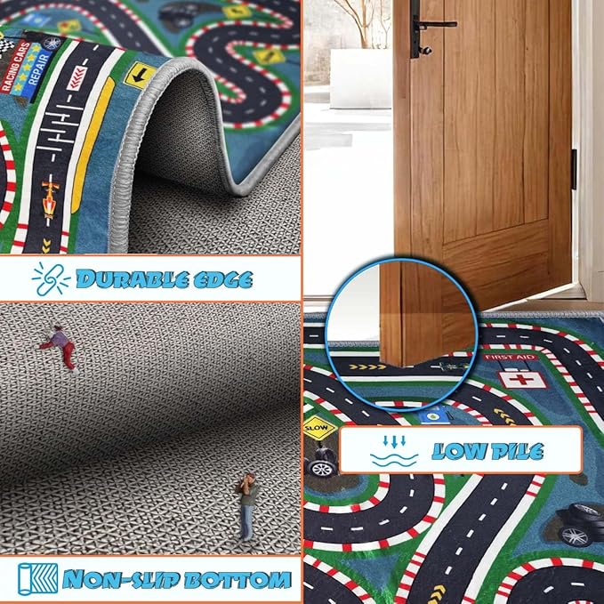 Kids Rug,Children's Room Rug,Road Race Play Rugs, Rail City Living Rugs, Washable Non-Slip Play Mats. (Blue, 47x71in)