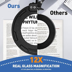 HITTI Ultra Long 12X Magnifying Glass with Light and Clamp, 5 Color Modes Steepless Dimming Desk Lamp, Swivel Arm Workbench Light, Hands Free Lighted Magnifier Stand for Craft Reading Soldering