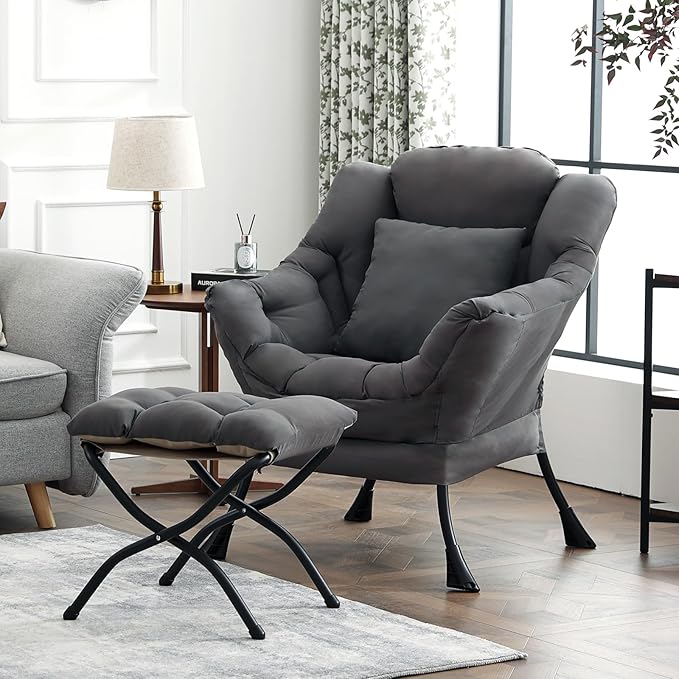 Lazy Chair with Ottoman, Large Lounge Accent Chair with Ottoman and a Throw Pillow, Dark Grey Reading Chair for Living Room Bedroom Dorm Room Office Apartment Relaxing Use