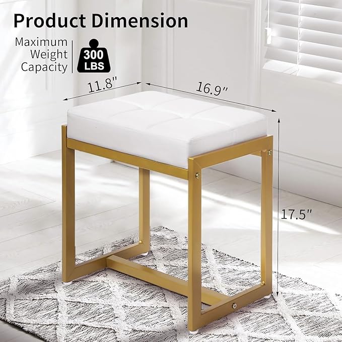 Vanity Stool, Vanity Chair Stools for Makeup Room, Faux Leather Small Makeup Bench, Modern Gold Metal Legs Ottoman Foot Rest for Bedroom Living Room, White & Gold
