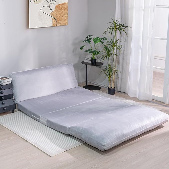 Bean Bag Chairs for Adults,Folding Sofa Bed,Floor Couch Bed, Foam Filling Fold Floor Mattress with Washable Soft Faux Fur Cover, Leisure Floor Couch for Bedroom Living Room(Grey, Double)