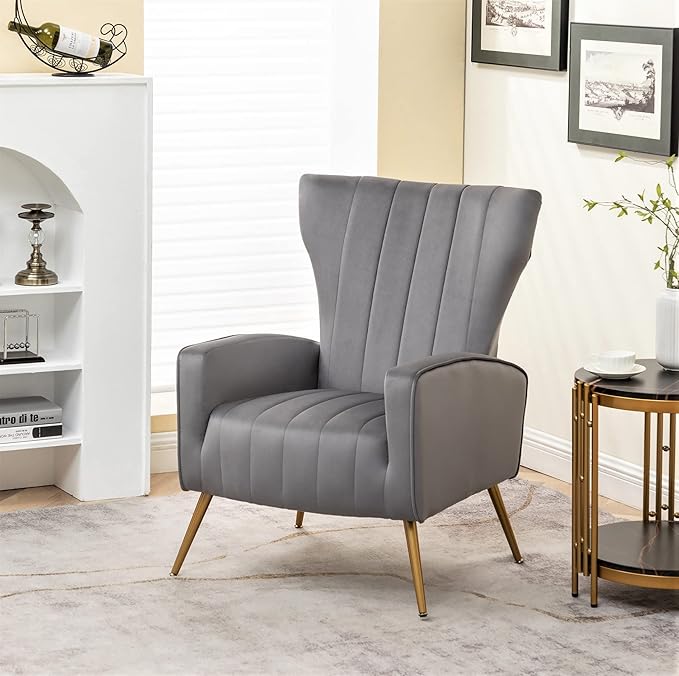Modern Velvet Accent Chair, Channel Tufted Bedroom, Office or Living Room Furniture with Elegant Metal Legs, 26" Wide Armchair, Grey