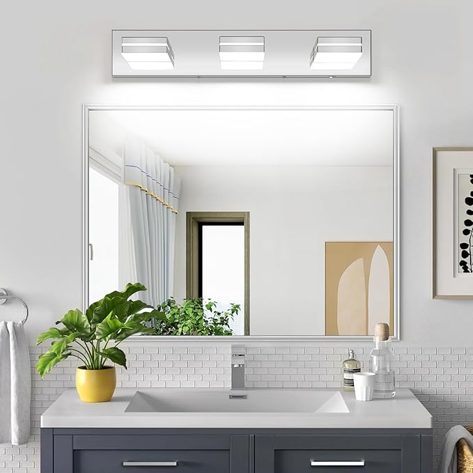 Bathroom Vanity Lighting Fixtures Over Mirror (3-Light, 24-Inch) Dimmable Modern LED Bathroom Wall Lighting Fixtures, Chrome (3000K/3500K/4000K/5000K/6000K)