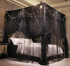 VETHIN 4 Corners Post Ruffle Princess Bed Canopy Curtain-Double Layer Cozy Drape Netting 4 Opening Mosquito Net for Girls Adults Bedroom Decoration (Double-Black, 53" W*78" L*82"*H/(Full))
